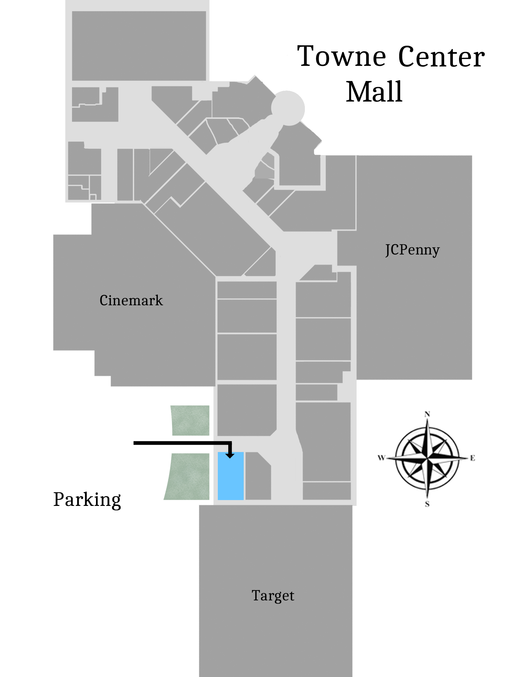A map of the Towne Center Mall indicating that The Venue is
on the south end of the mall, just north of Target.